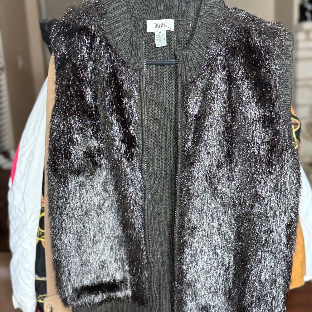 iKnit Black Shimmer Faux Fur Full Zip Cardigan Sweater XL